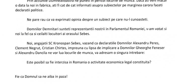 Kronospan, angajați au transmis o scrisoare deschisă autorităților și politicienilor