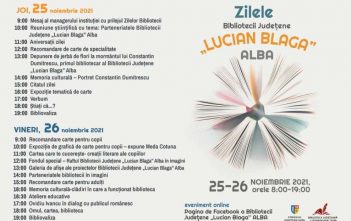 Joi și vineri, Zilele dedicate  Bibliotecii Județene „Lucian Blaga” Alba Iulia. Evenimentele culturale se vor desfășura on – line